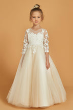 Front view of ivory 3/4 sleeve lace appliques flower girl dress - Girwem GRFL1002