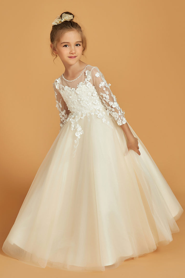 Full front view of ivory 3/4 sleeve lace appliques flower girl dress - Girwem GRFL1002