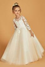 Full front view of ivory 3/4 sleeve lace appliques flower girl dress - Girwem GRFL1002