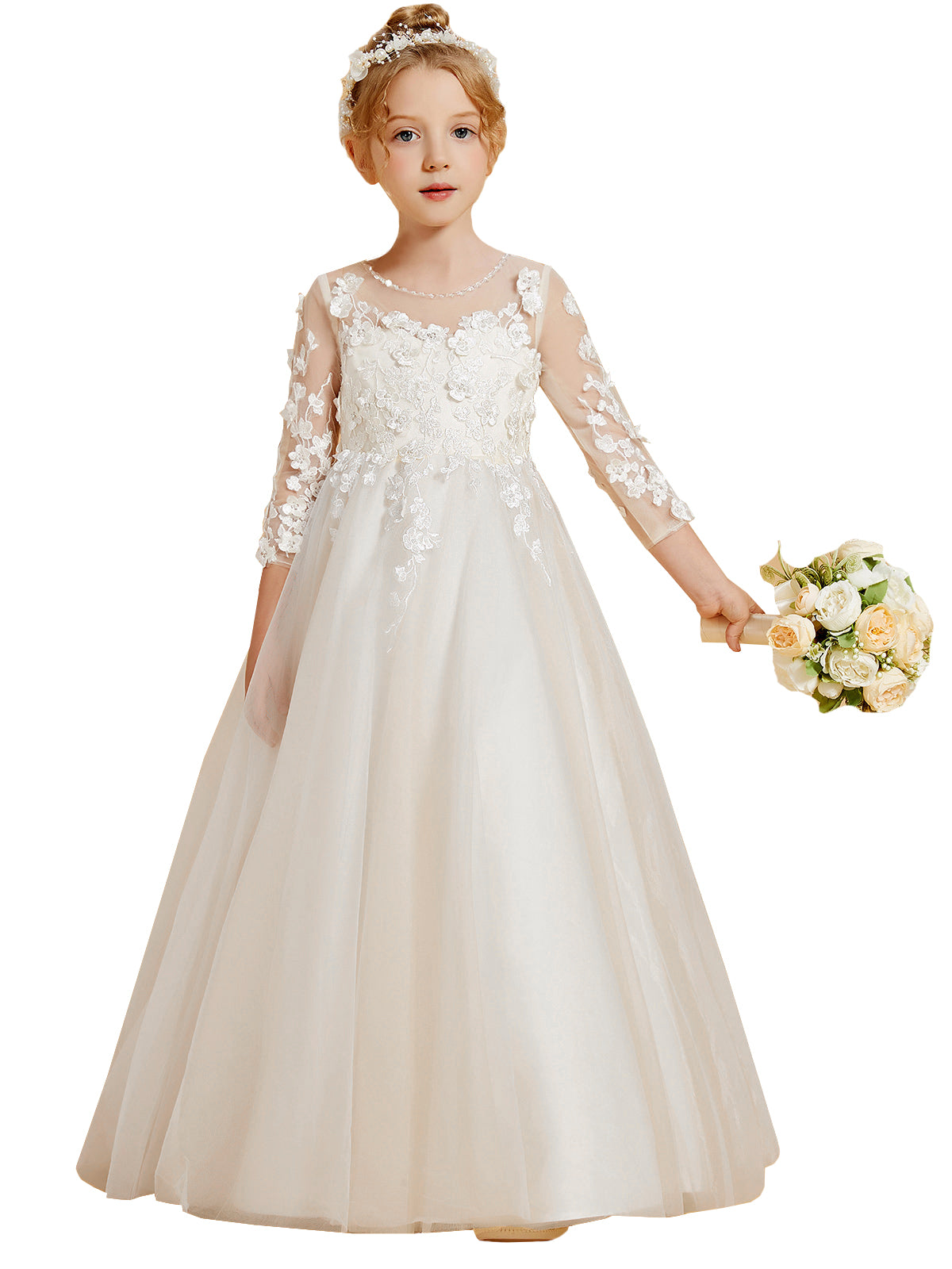 Ivory 3/4 sleeve lace appliques flower girl dress on white background - Girwem GRFL1002
