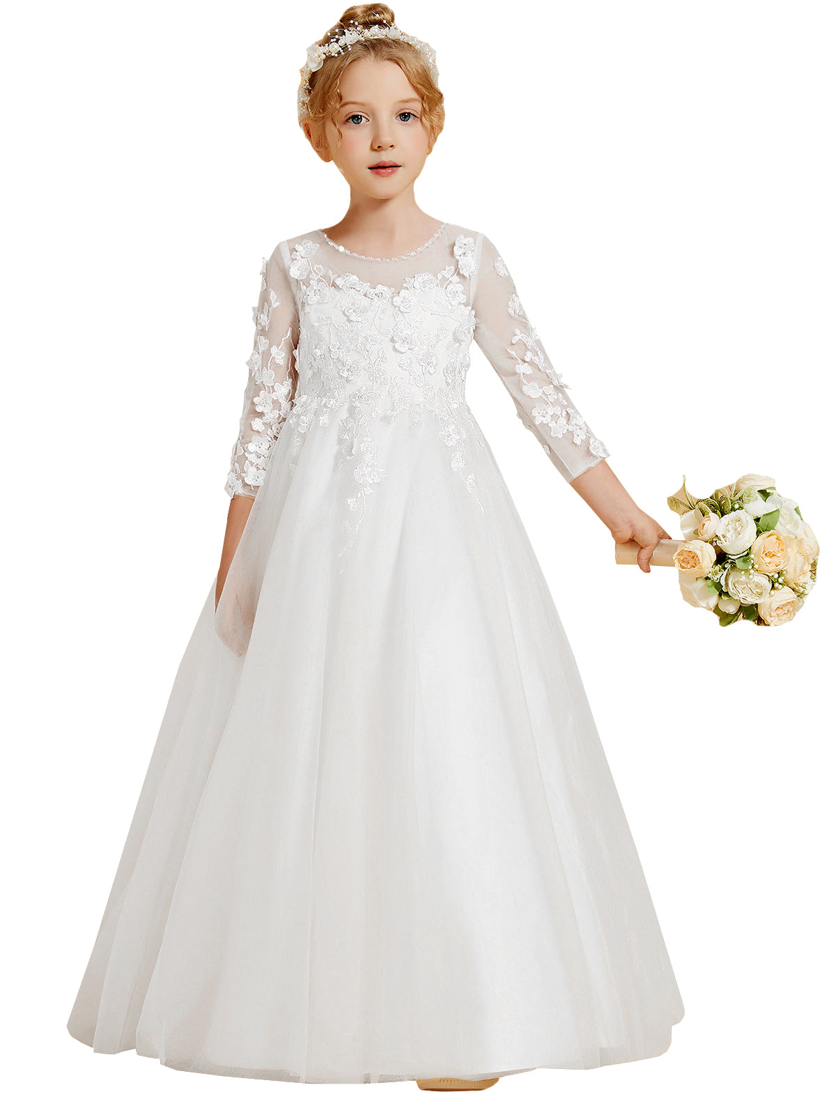 White 3/4 sleeve lace appliques flower girl dress on white background - Girwem GRFL1002