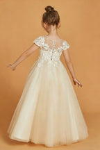 Back view of ivory short sleeve lace appliques flower girl dress - Girwem GRFL1002