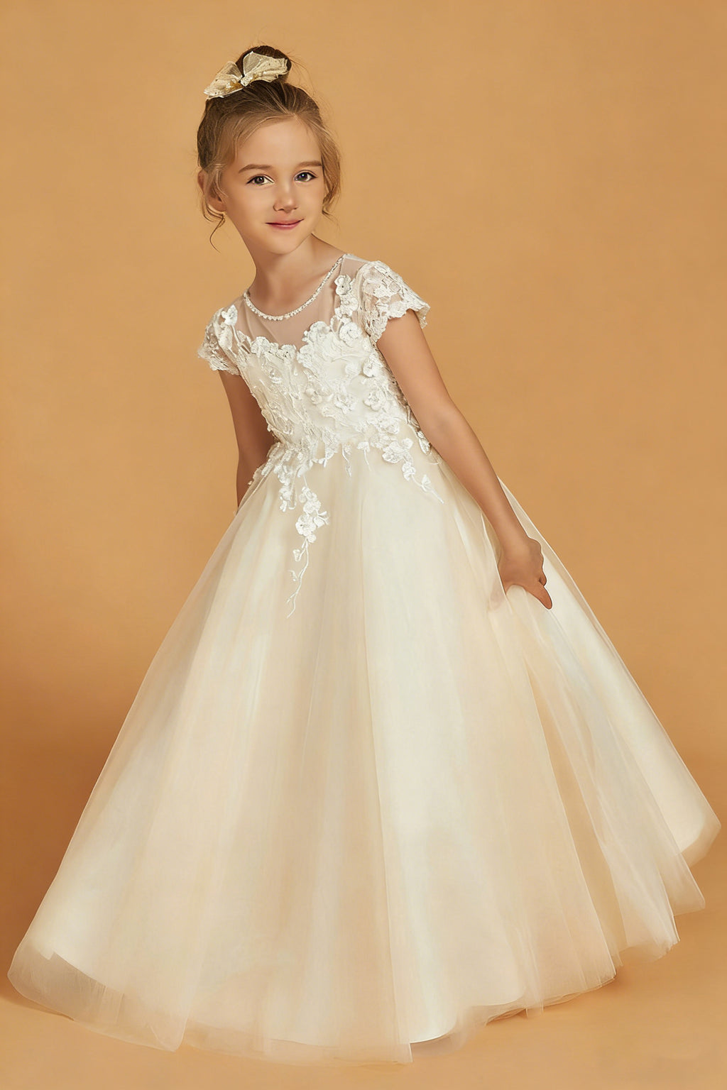 Front view of ivory short sleeve lace appliques flower girl dress - Girwem GRFL1002