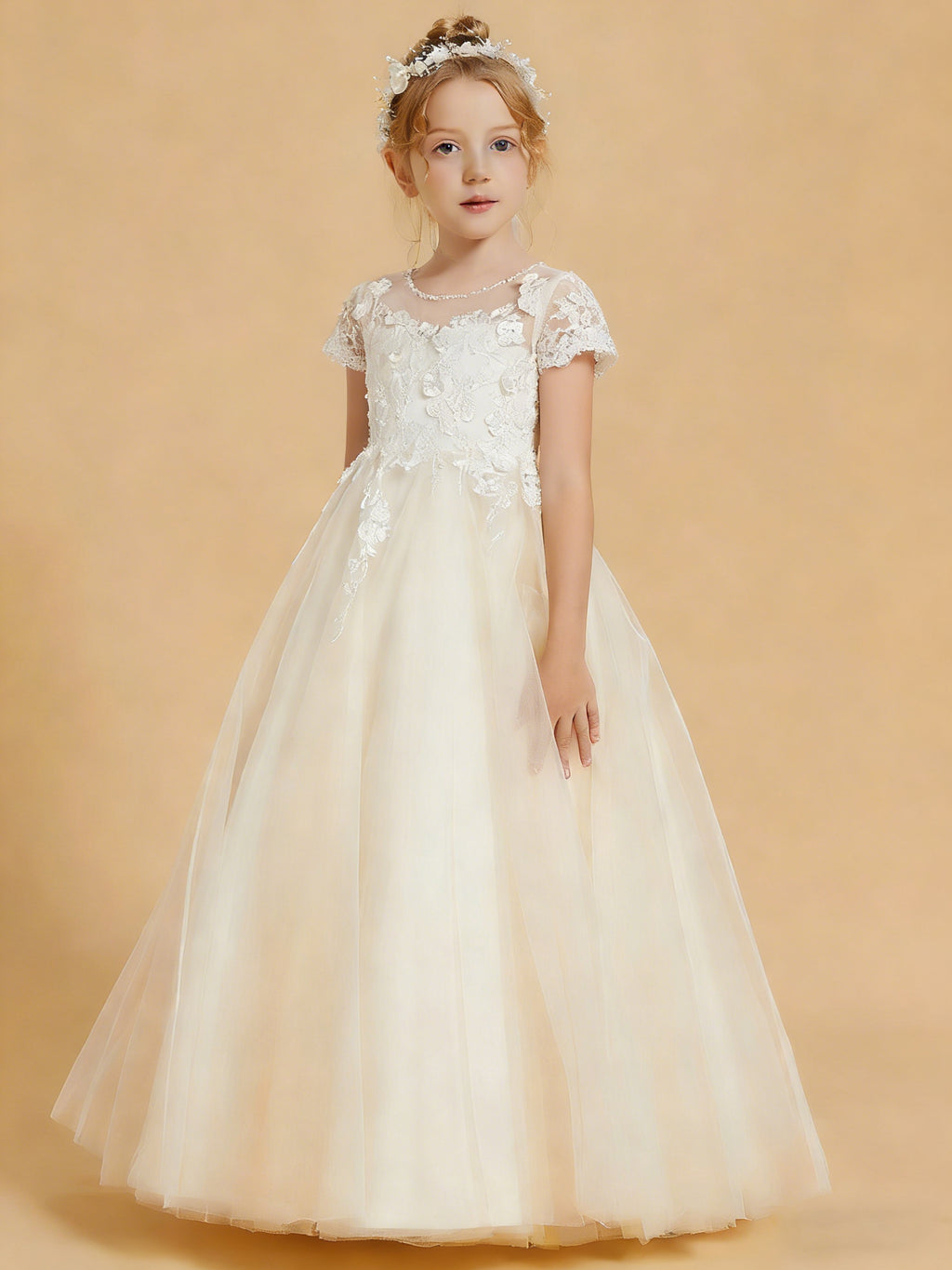 Front view of ivory short sleeve lace appliques flower girl dress - Girwem GRFL1002
