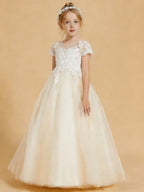 Front view of ivory short sleeve lace appliques flower girl dress - Girwem GRFL1002