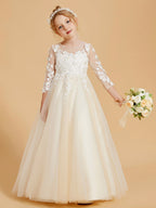 Full front view of ivory short sleeve lace flower girl dress - Girwem GRFL1002