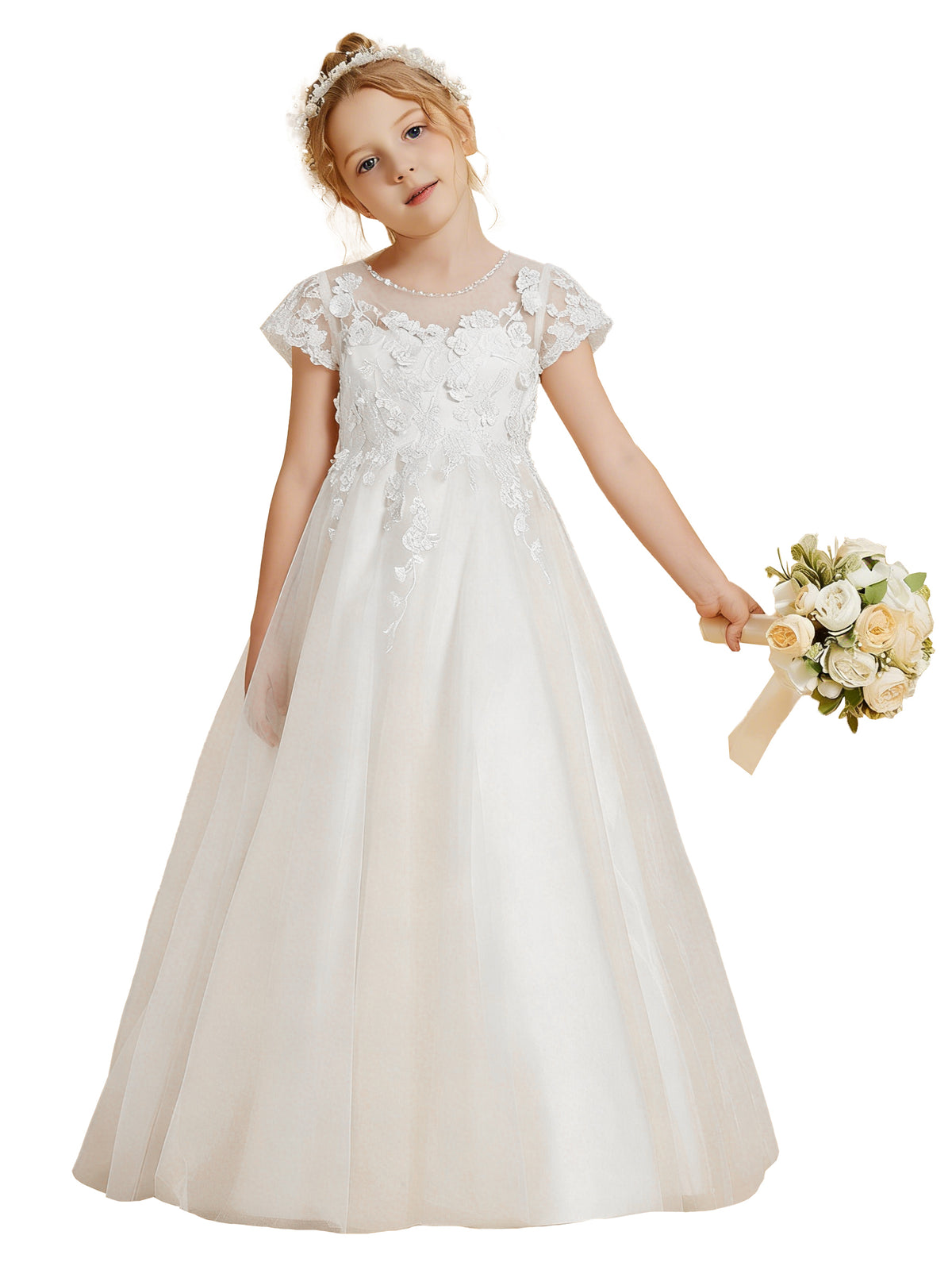 Ivory short sleeve lace appliques flower girl dress on white background - Girwem GRFL1002