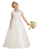 White short sleeve lace appliques flower girl dress on white background - Girwem GRFL1002
