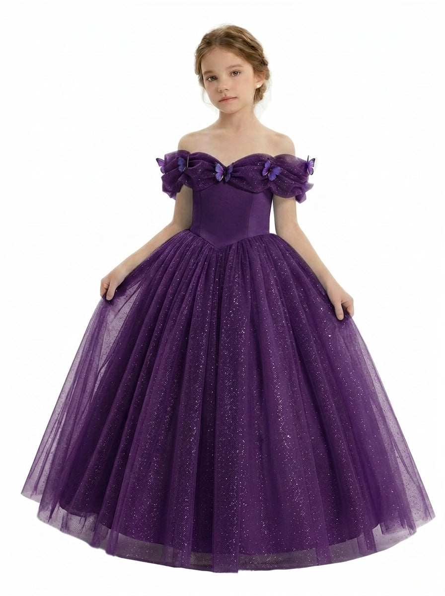 Dark purple off-shoulder bow tulle flower girl dress by Girwem GRFL1003