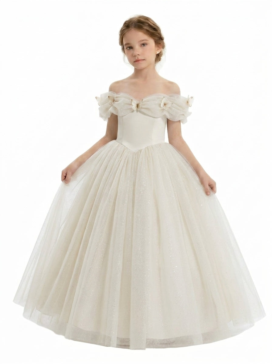 Ivory off-shoulder bow tulle flower girl dress by Girwem GRFL1003