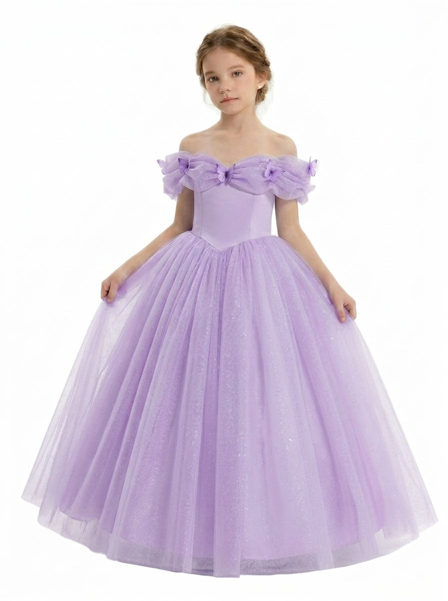 Lavender off-shoulder bow tulle flower girl dress by Girwem GRFL1003