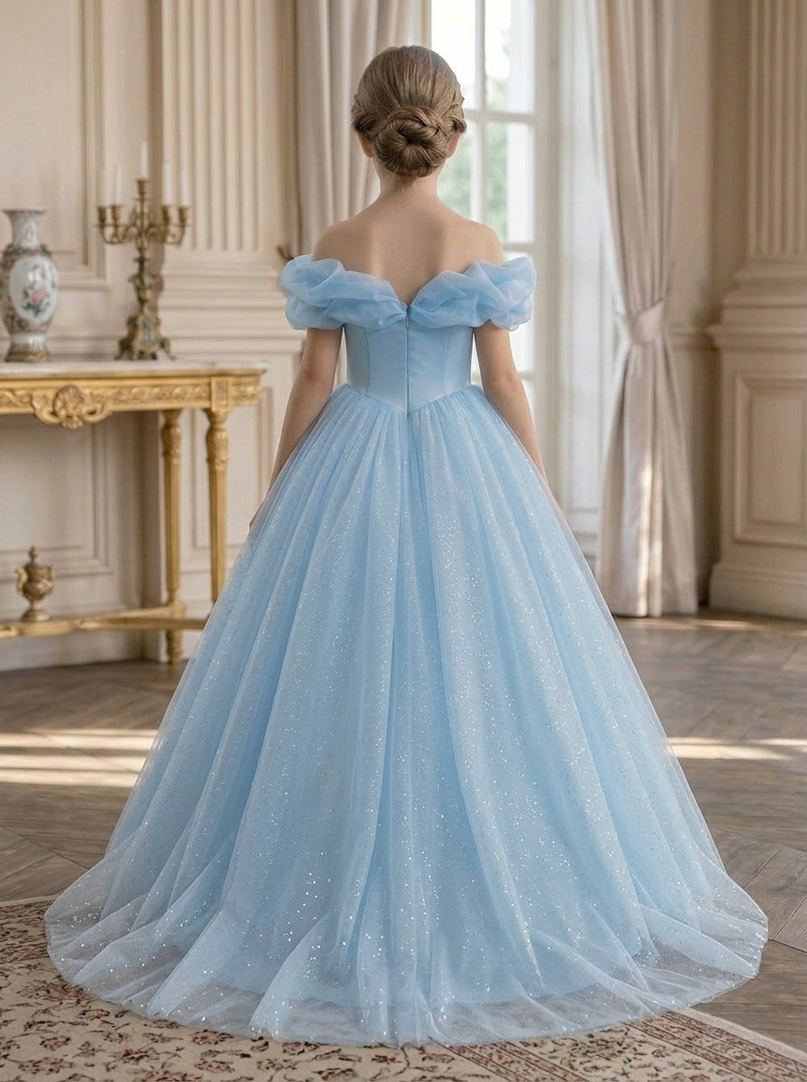 Back view of light blue off-shoulder bow tulle flower girl dress with a small train