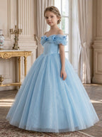 Indoor front view of light blue off-shoulder bow tulle flower girl dress