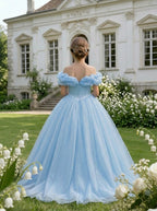 Back view of light blue off-shoulder bow tulle flower girl dress by Girwem GRFL1003