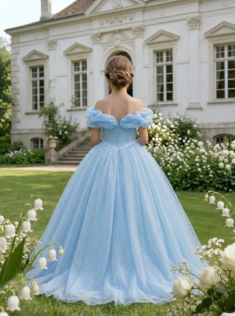 Back view of light blue off-shoulder bow tulle flower girl dress by Girwem GRFL1003