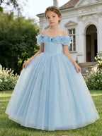 Front view of light blue off-shoulder bow tulle flower girl dress by Girwem GRFL1003