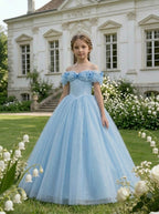 Full front view of light blue off-shoulder bow tulle flower girl dress