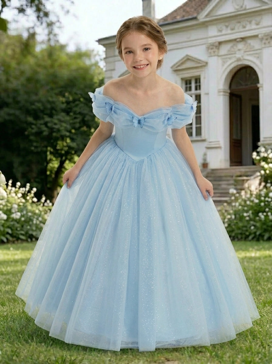 Outdoor front view of light blue off-shoulder bow tulle flower girl dress