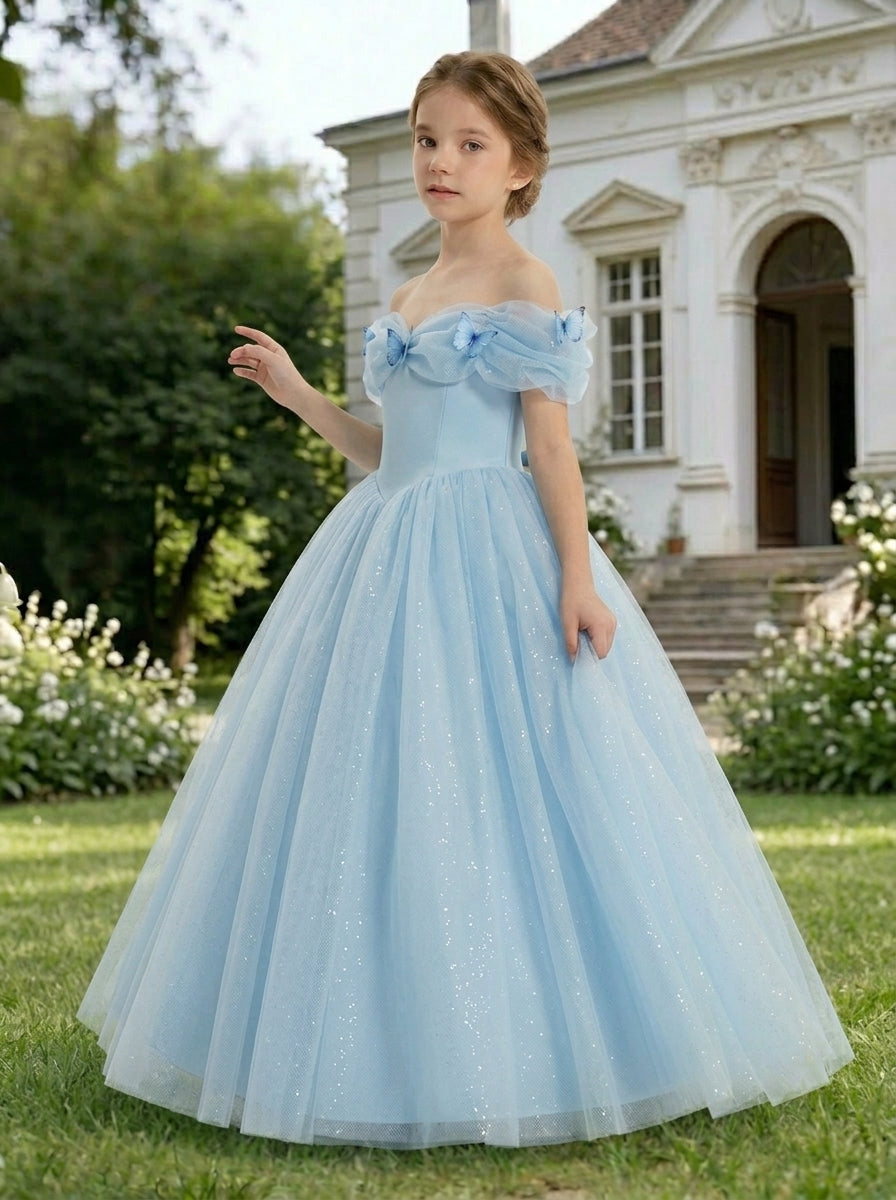 Side view of light blue off-shoulder bow tulle flower girl dress