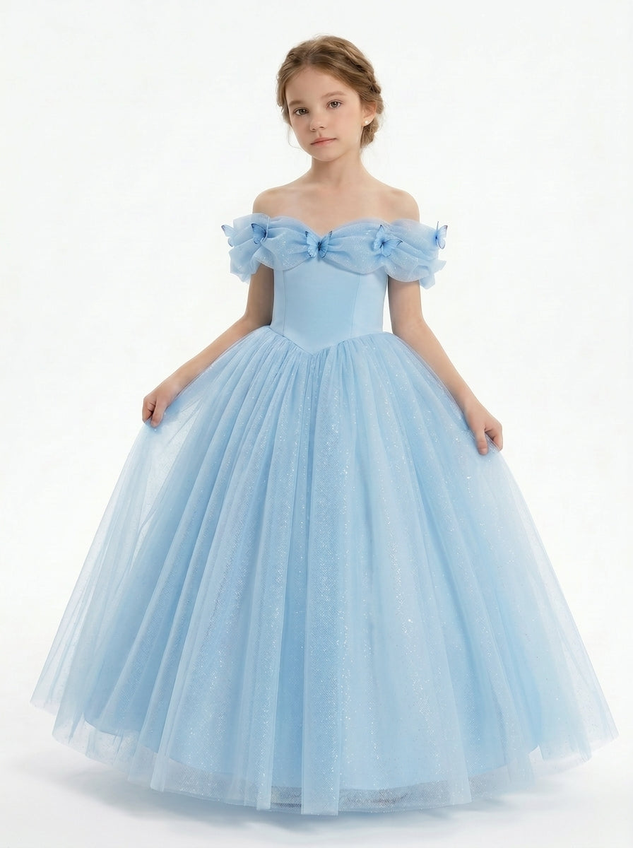 Light blue off-shoulder bow tulle flower girl dress by Girwem GRFL1003