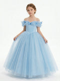 Light blue off-shoulder bow tulle flower girl dress by Girwem GRFL1003