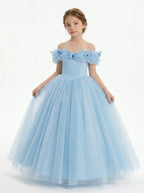 Light blue off-shoulder bow tulle flower girl dress by Girwem GRFL1003