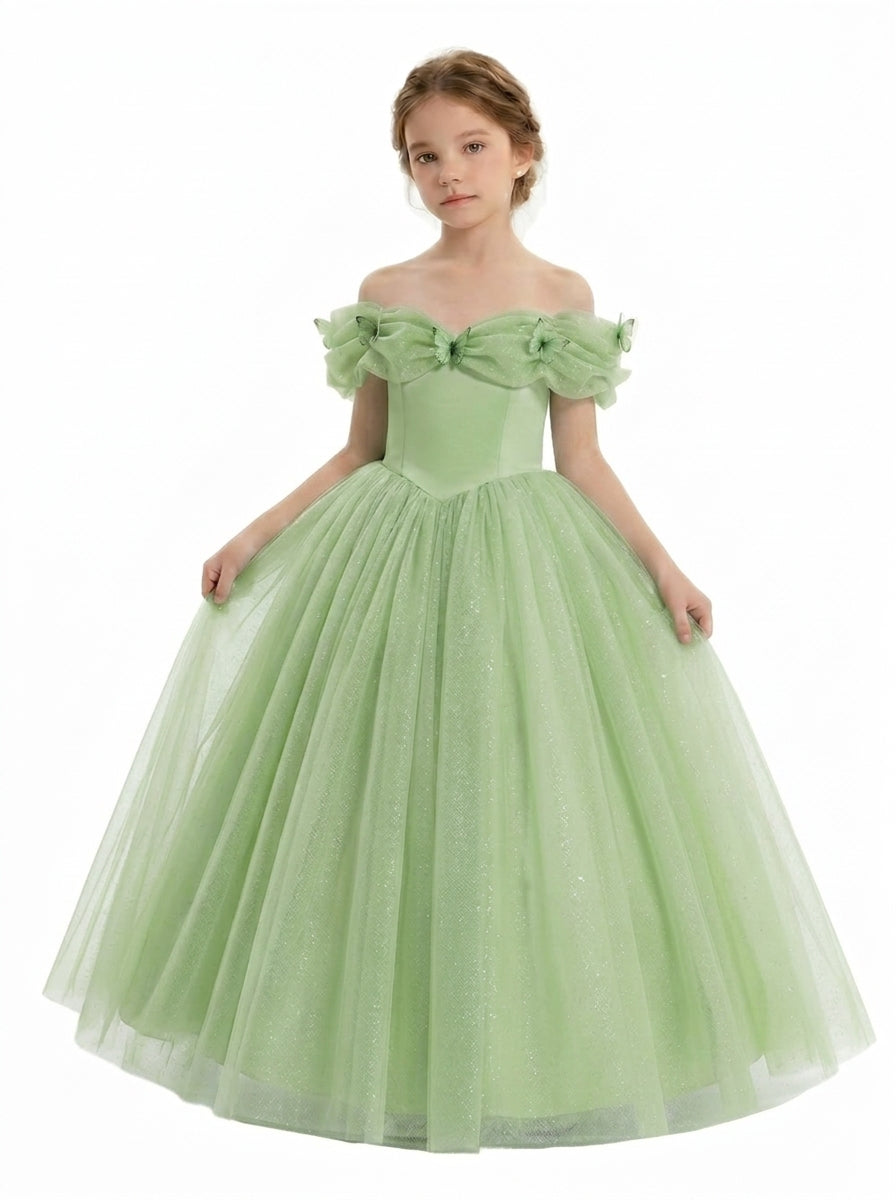 Light green off-shoulder bow tulle flower girl dress by Girwem GRFL1003