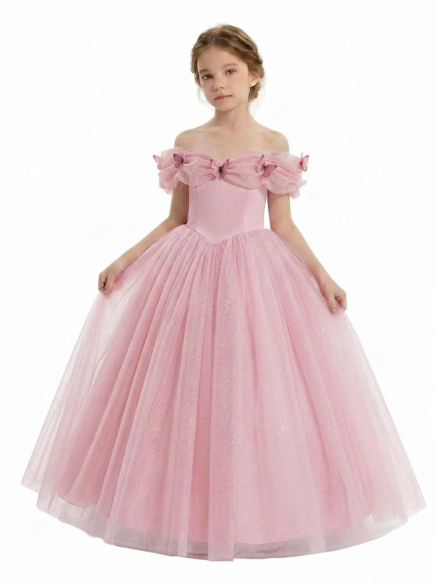 Pink off-shoulder bow tulle flower girl dress by Girwem GRFL1003