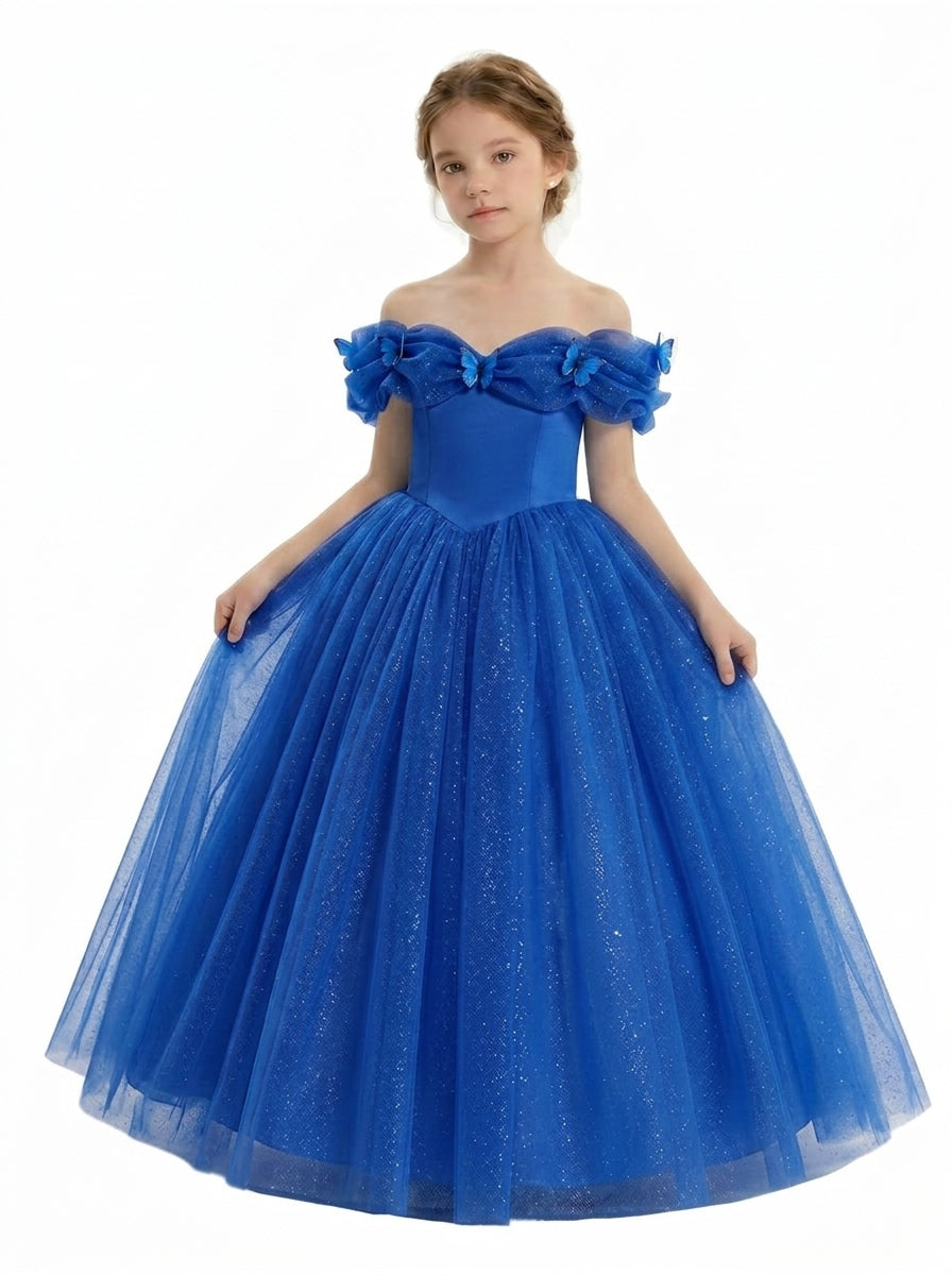 Royal blue off-shoulder bow tulle flower girl dress by Girwem GRFL1003