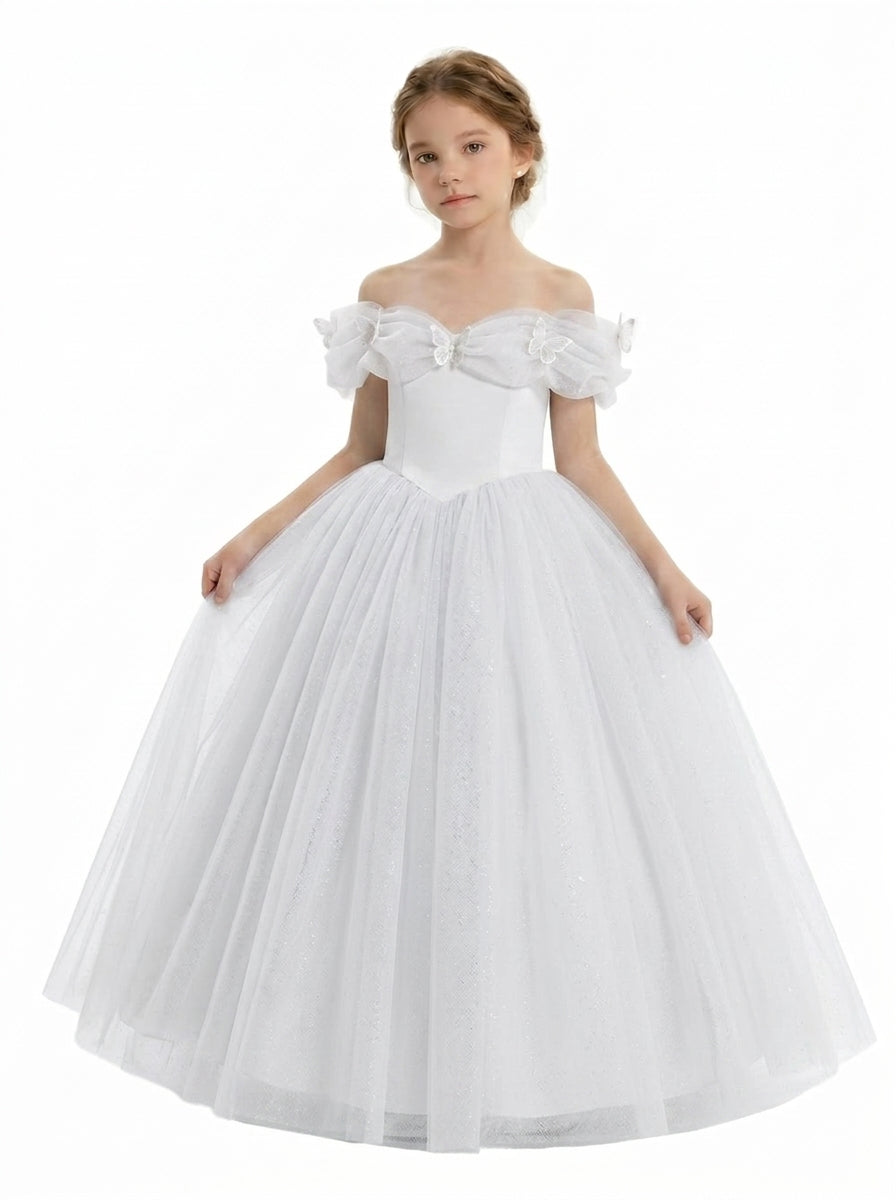 White off-shoulder bow tulle flower girl dress by Girwem GRFL1003