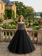 Black off-the-shoulder beaded girls pageant dress, front view