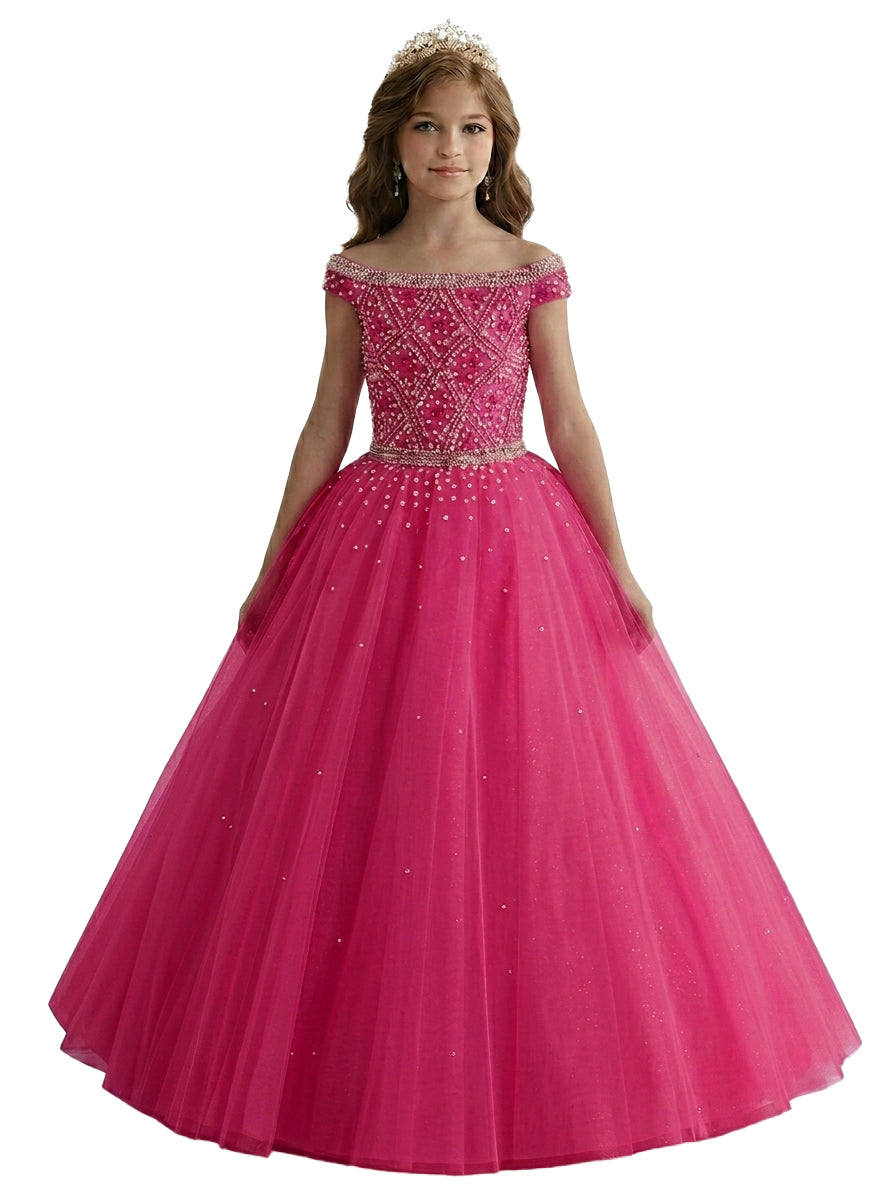 Fuchsia off-the-shoulder beaded girls pageant dress front