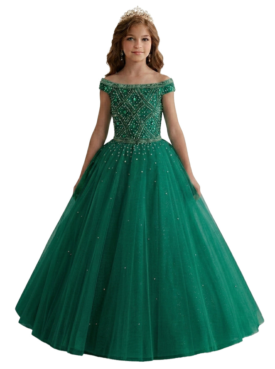 Green off-the-shoulder beaded girls pageant dress front