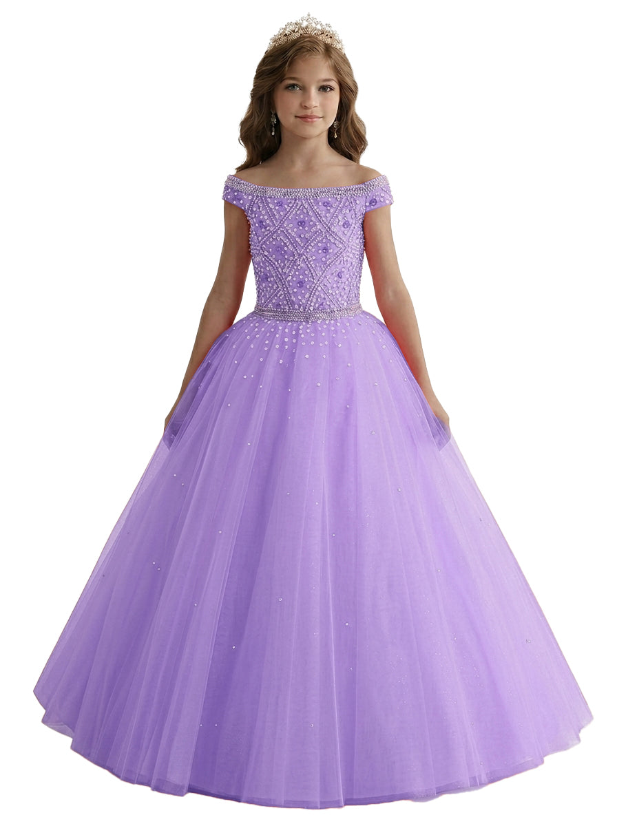 Lavender off-the-shoulder beaded girls pageant dress front