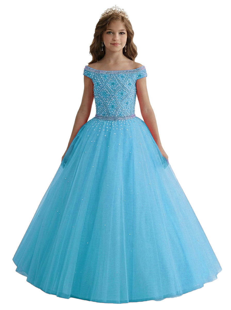 Ocean Blue off-the-shoulder beaded girls pageant dress front