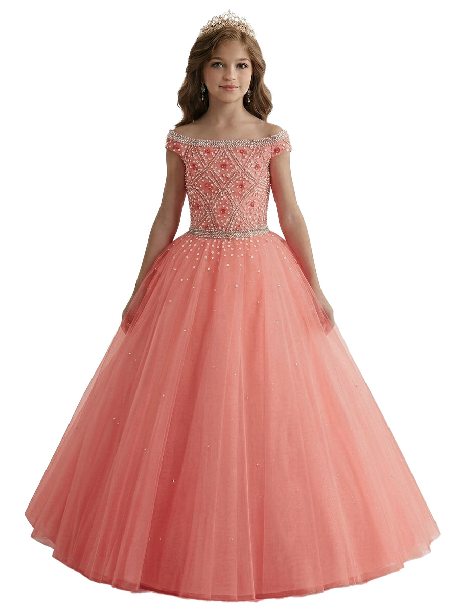 Peach off-the-shoulder beaded girls pageant dress front