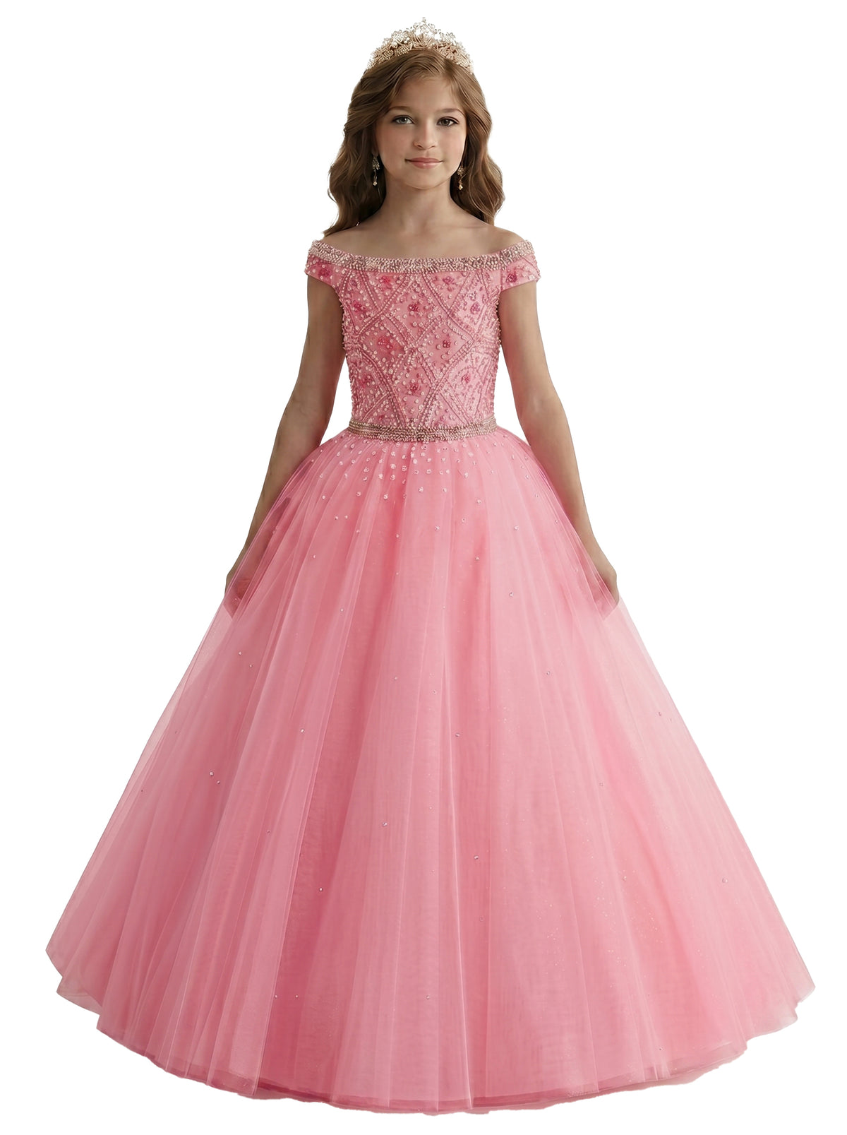 Pink off-the-shoulder beaded girls pageant dress front