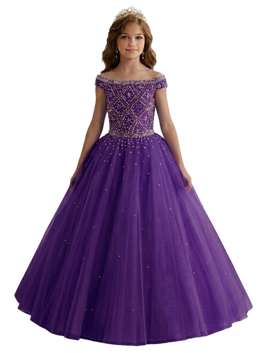 Purple off-the-shoulder beaded girls pageant dress front