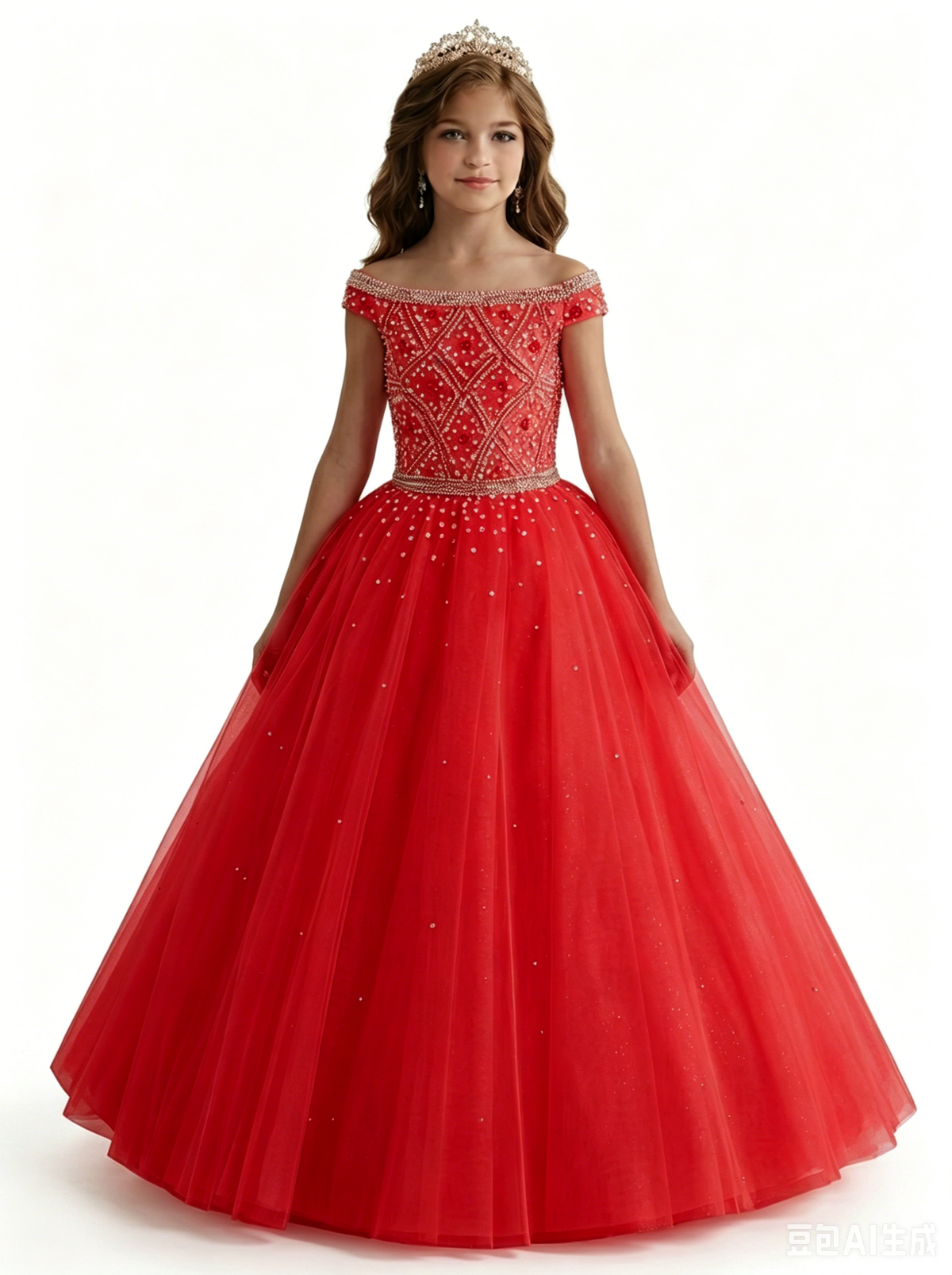 Red off-the-shoulder beaded girls pageant dress front
