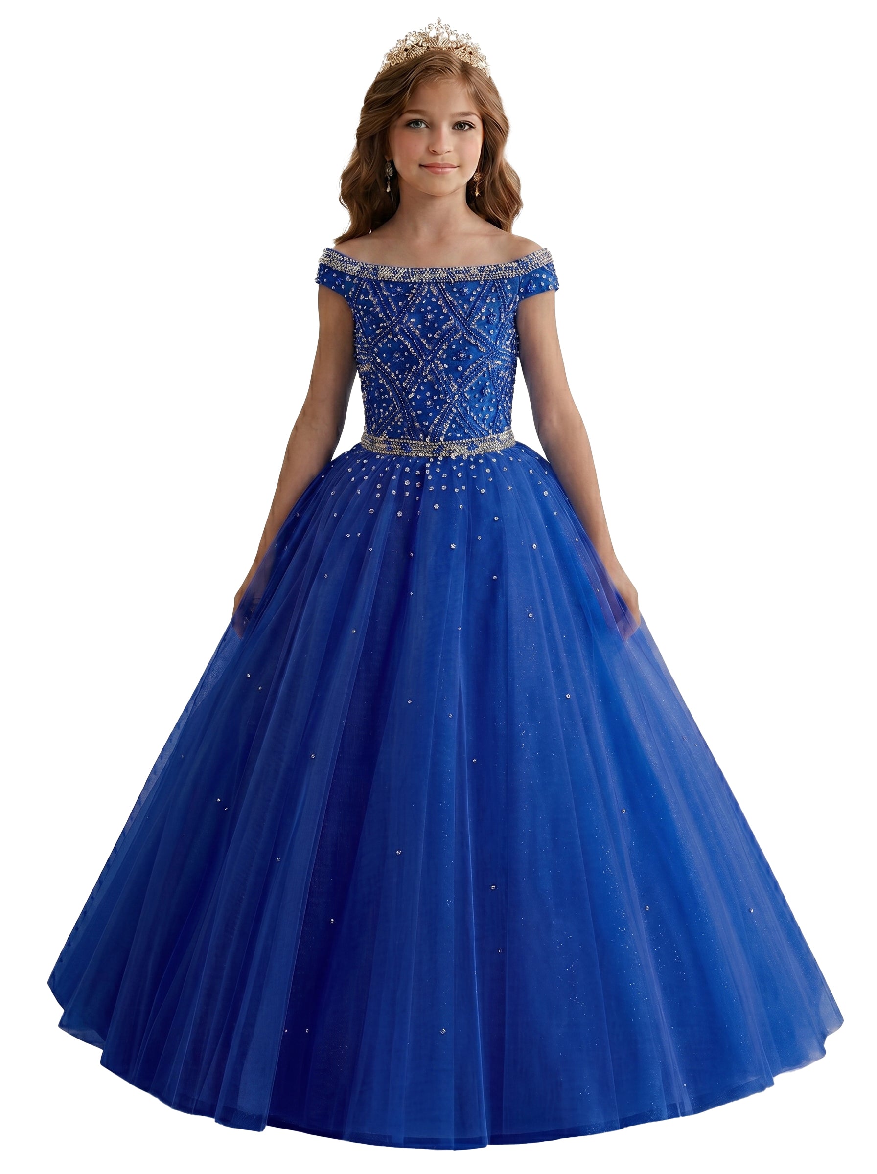 Royal Blue off-the-shoulder beaded girls pageant dress, front view
