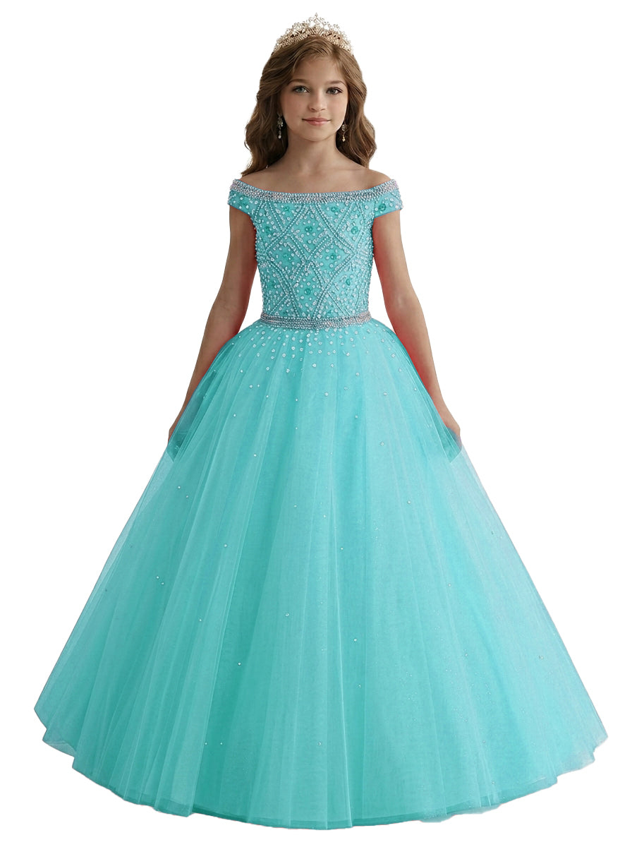 Turquoise off-the-shoulder beaded girls pageant dress front