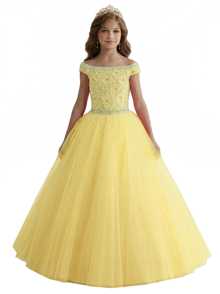 Yellow off-the-shoulder beaded girls pageant dress front