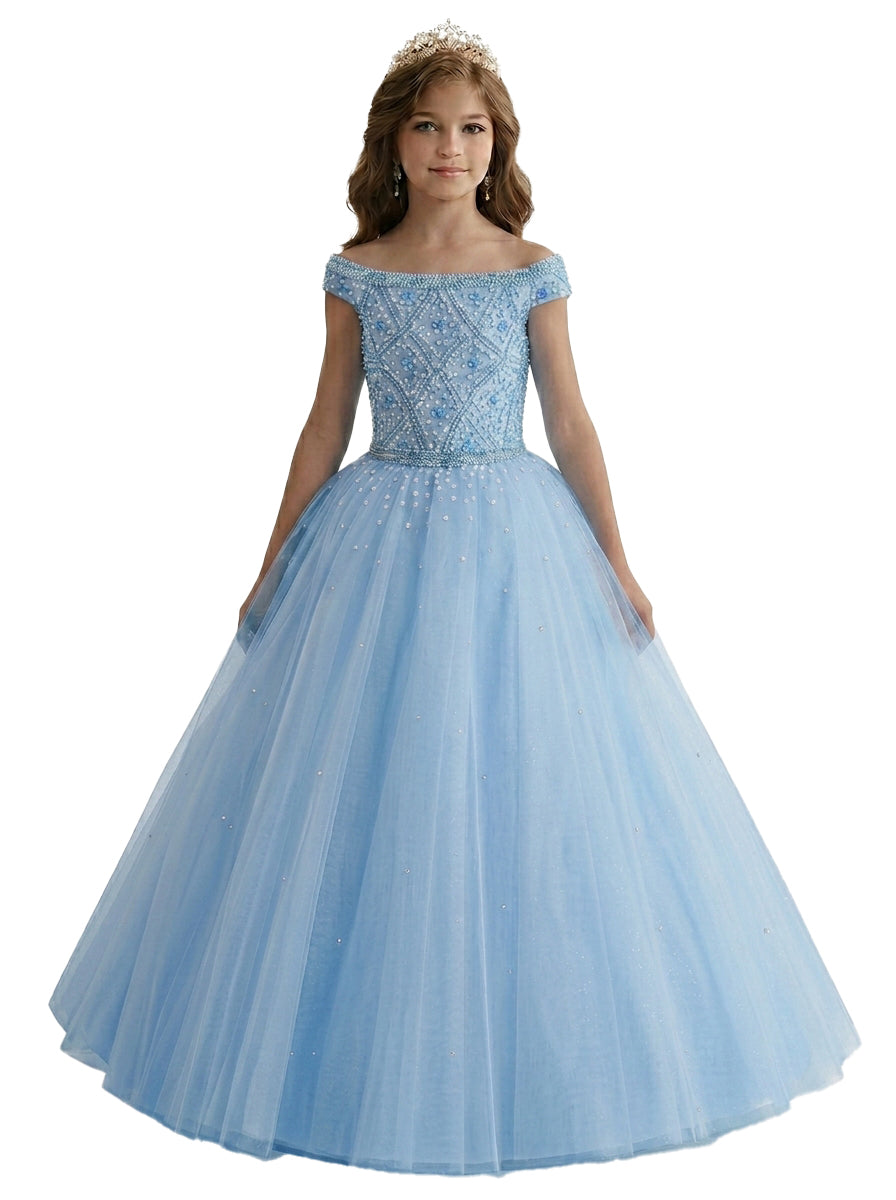 Baby blue off-the-shoulder beaded girls pageant dress, front view