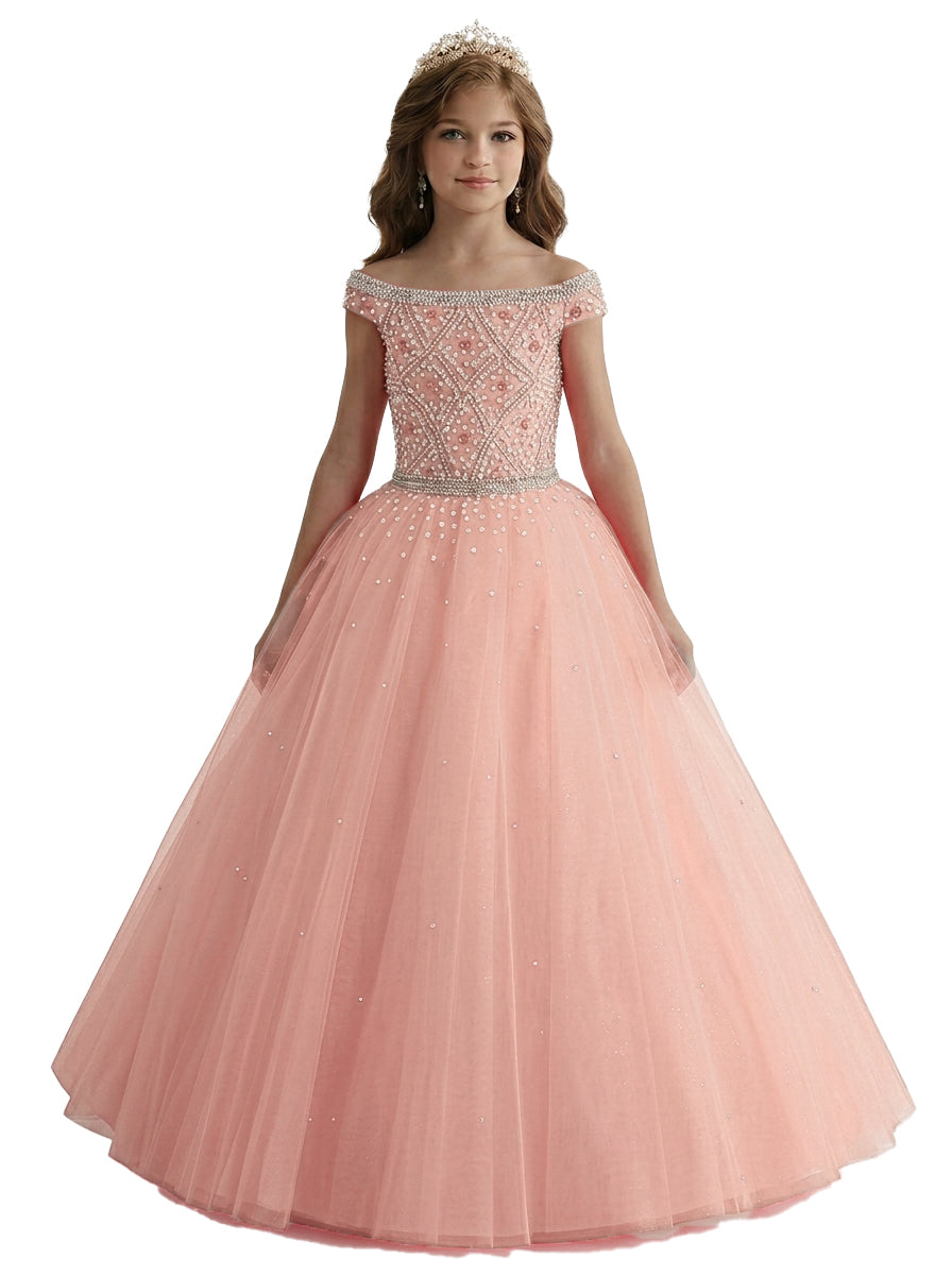 Blush Pink off-the-shoulder beaded girls pageant dress front
