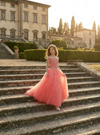 Coral off-the-shoulder beaded girls pageant ball gown Out Door