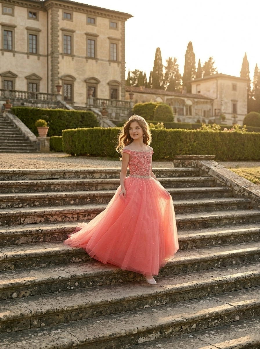 Coral off-the-shoulder beaded girls pageant ball gown Out Door