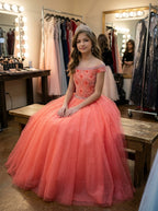 Coral off-the-shoulder beaded girls pageant ball gown side
