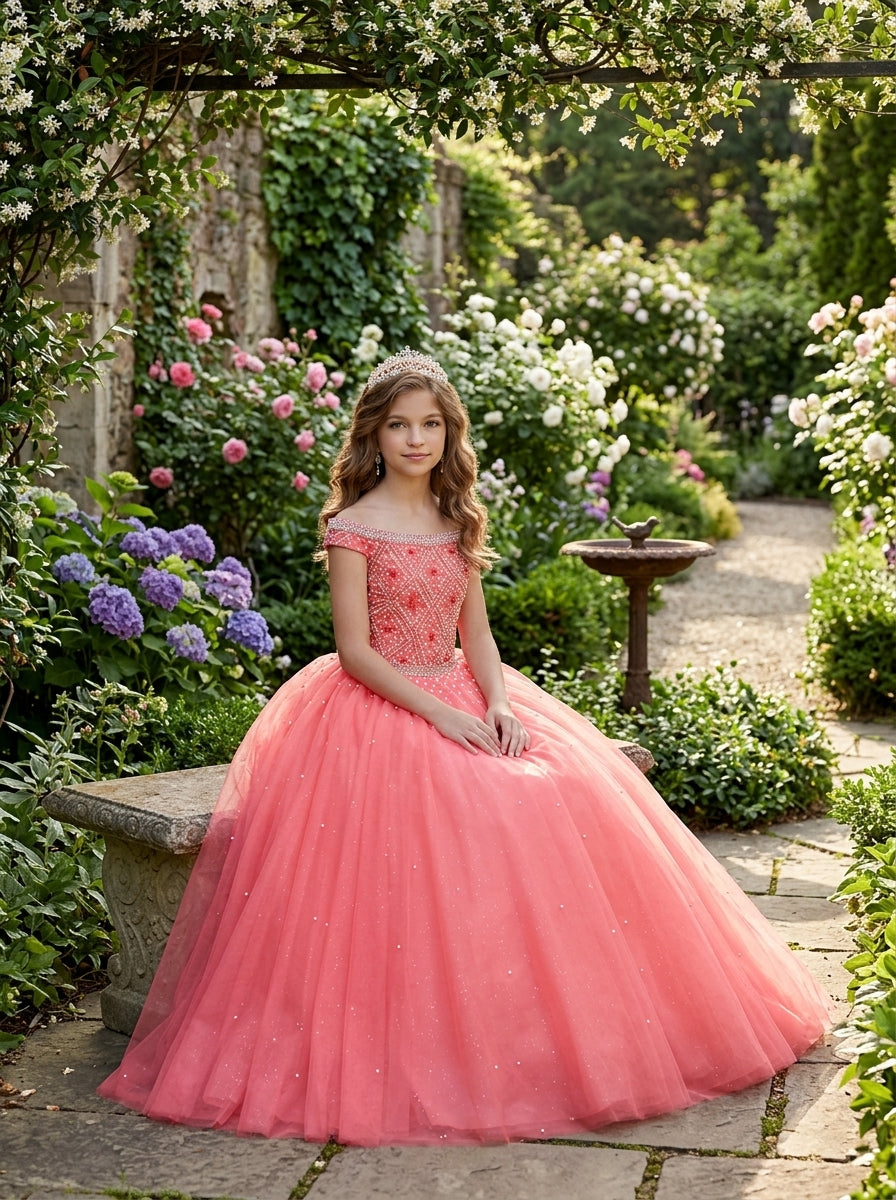 Coral off-the-shoulder beaded girls pageant ball gown set