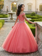 Coral off-the-shoulder beaded girls pageant ball gown back