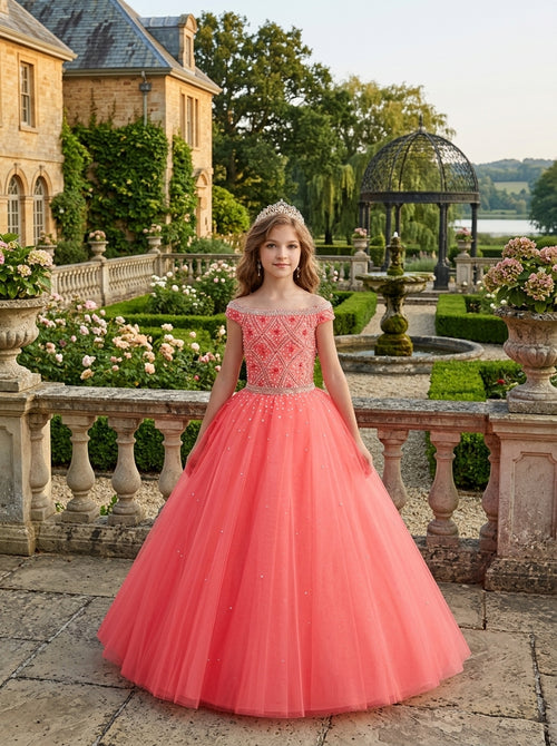 Coral off-the-shoulder beaded girls pageant ball gown
